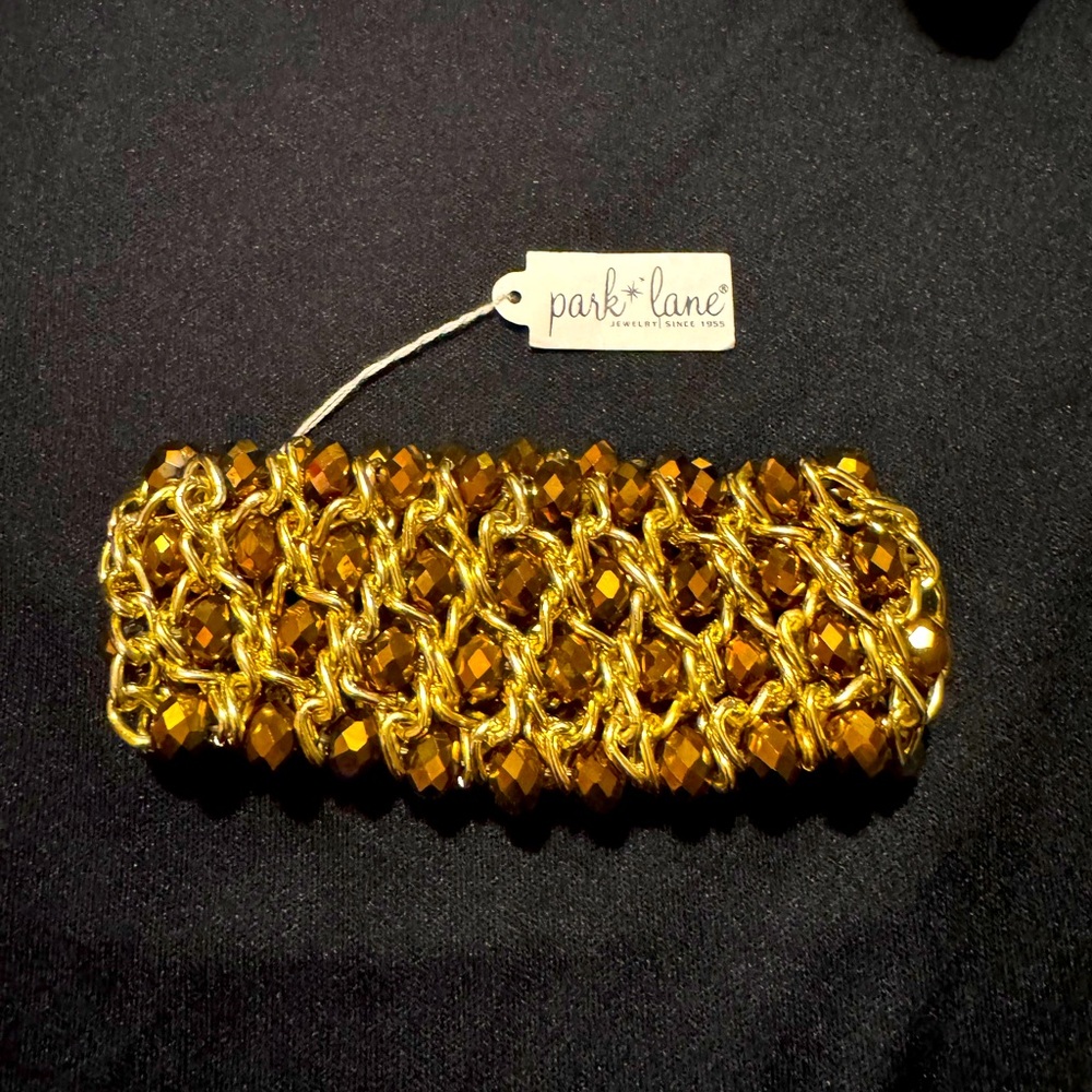 NWOT, Park Lane Gold and Brown Topaz glass bead stretchy bracelet,